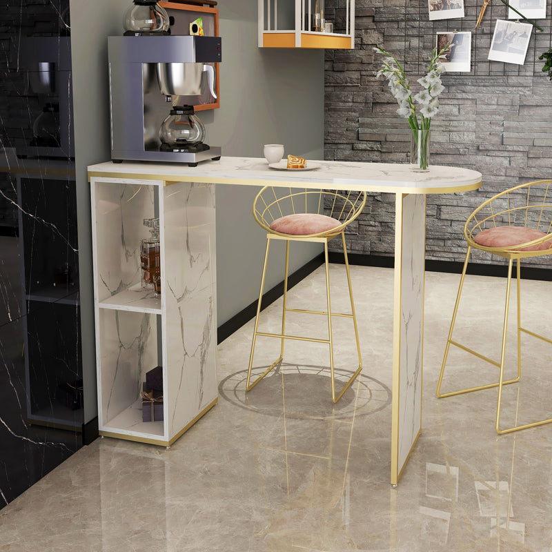 Wood Bar Table with Storage Glam Pub Table with Double Pedestal 70.9"L x 15.7"W x 41.3"H White-Gold Without Chairs Clearhalo 'Bar Furniture' 'Bar Tables' 'bar_tables' 'furn' 'furn_bar_tables' 'Furniture' 'Kitchen & Dining Furniture' 5838758