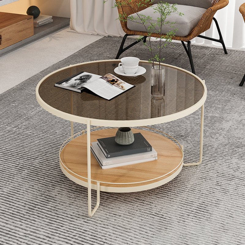 Modern Round Glass Top Cocktail Table with Wooden Shelf and Iron Base