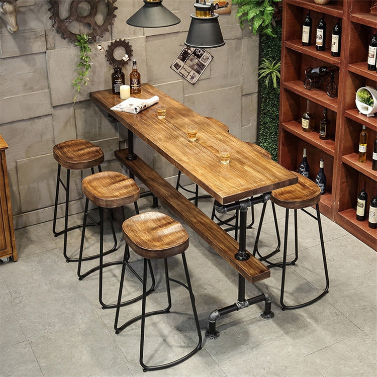1/4 Pieces Luxurious Rectangular Pub Table Set Solid Wood Counter Table with Stools 7 Pieces: Table, 6 Brown Stools Clearhalo 'Bar Furniture' 'furn' 'furn_home_bar_bar_sets' 'Furniture' 'Home Bars & Bar Sets' 'home_bar_bar_sets' 'Kitchen & Dining Furniture' 5848064