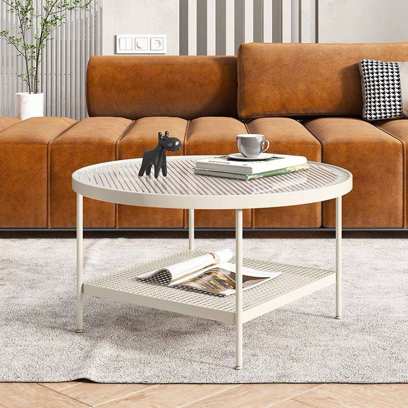 Modern Glass Top Cocktail Table with 4 Steel Legs and Storage Shelf