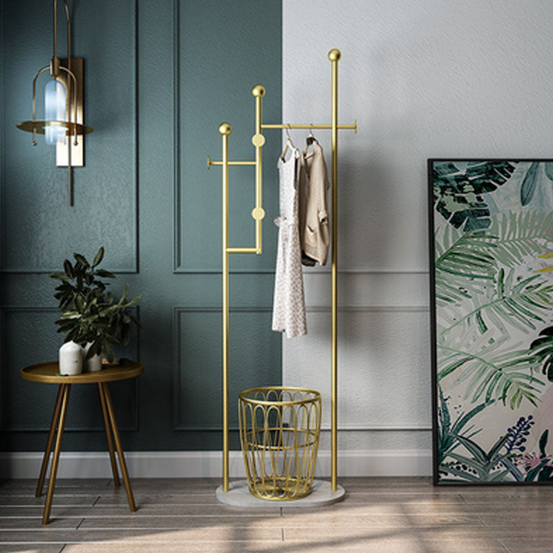 Modern Metal Entryway Kit with 4 Hooks and Basket in Drawing Room Gold 1 Clearhalo 'Entry & Mudroom Furniture' 'furn' 'furn_hall_tree_coat_racks' 'Furniture' 'Hall Trees & Coat Racks' 'hall_tree_coat_racks' 5861763