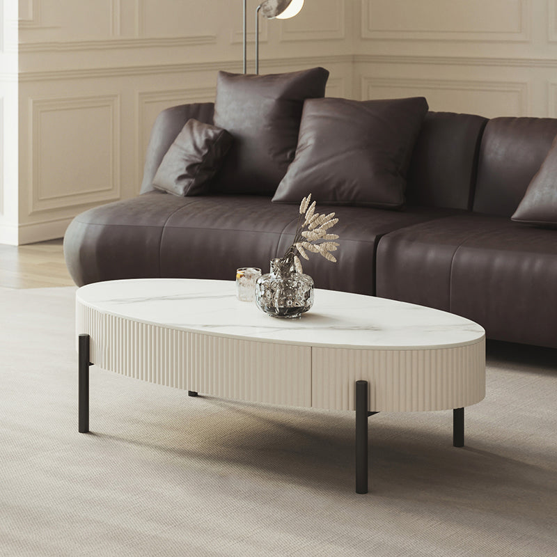 Glam Coffee Cocktail Table with Storage Drawer and 4 Iron Legs