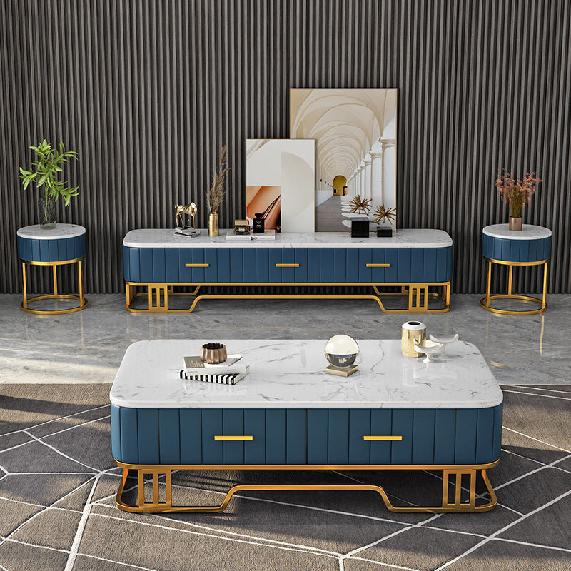 Glam Iron Frame Base Coffee Table with White Marble Top and 2 Drawers