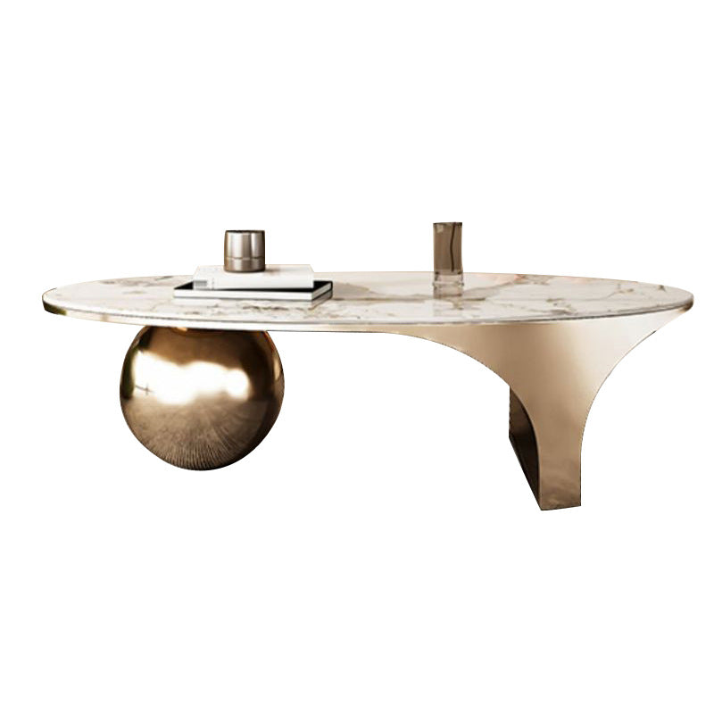 Oval Stone Top Coffee Table with Steel Base 51.18" Long 27.56" Wide Double Pedestal Gold Clearhalo 'Coffee & Accent Tables' 'Coffee Tables' 'coffee_tables' 'furn' 'furn_coffee_tables' 'Furniture' 'Living Room Furniture' 5872309