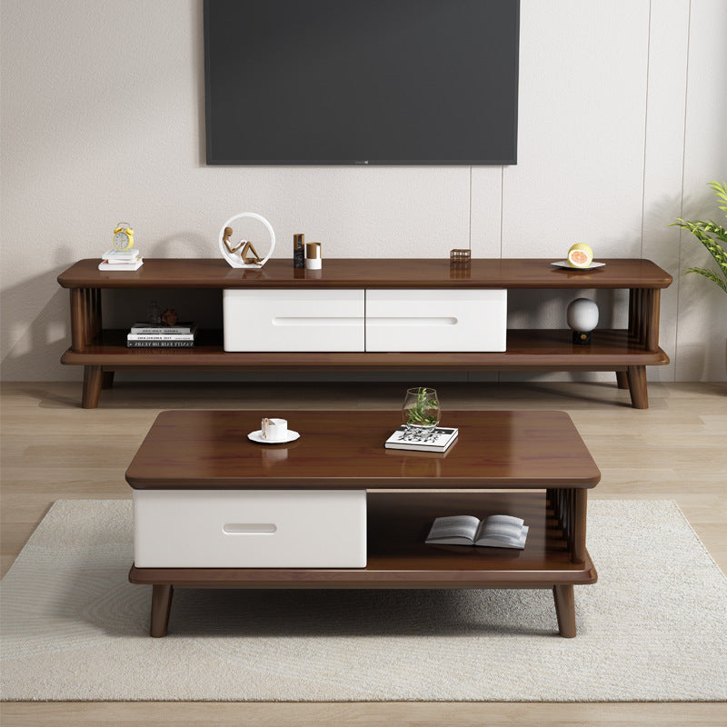 Scandinavian Solid Wood Coffee Table with 4 Legs and 2 Drawers