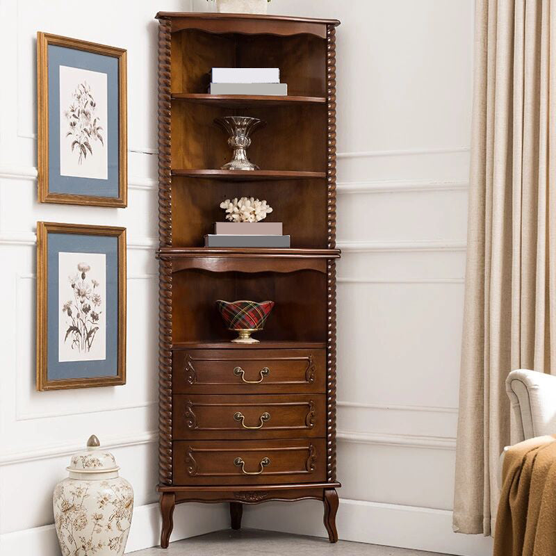 Cofre de esquina de madera maciza contemporánea, cofre de acento marrón con estantes