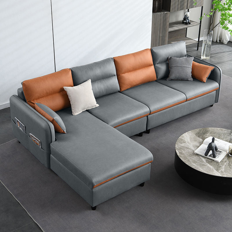 4-Seater Square Arm Sofa & Chaise Faux Leather Sofa with Storage Light Gray Orange Left Clearhalo 'furn' 'furn_sectionals' 'Furniture' 'Living Room Furniture' 'Sectionals' 5889390