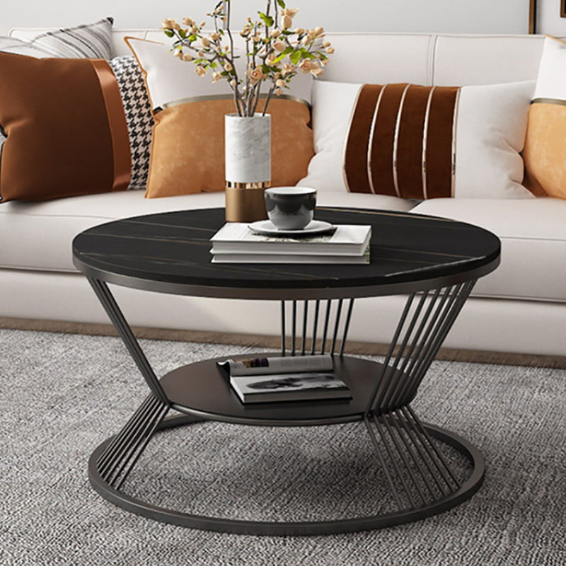 Glam Round Stone Top Coffee Table with Steel Shelf and Frame Base Black Black Clearhalo 'Coffee & Accent Tables' 'Coffee Tables' 'coffee_tables' 'furn' 'furn_coffee_tables' 'Furniture' 'Living Room Furniture' 5889542
