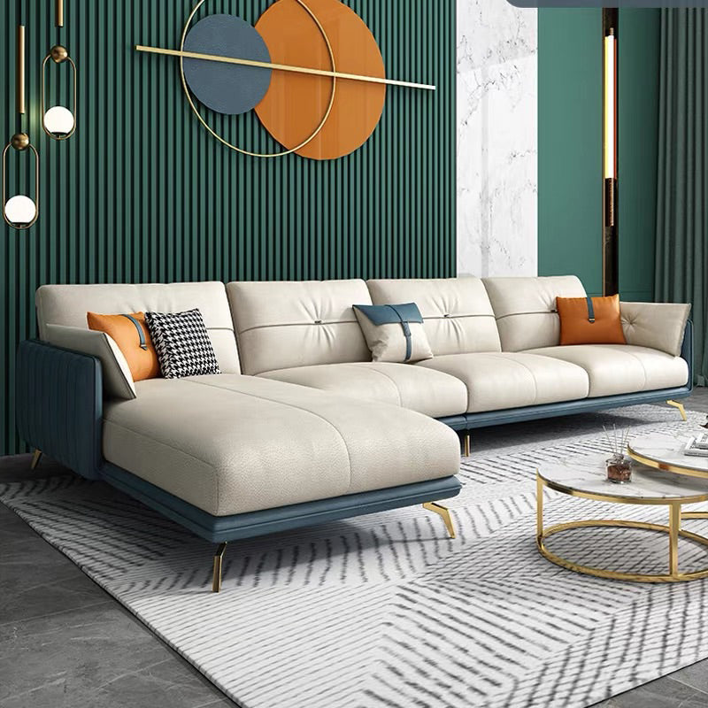 Contemporary Sofa Chaise Faux Leather Living Room Square Arm Pillows Sofa Bed