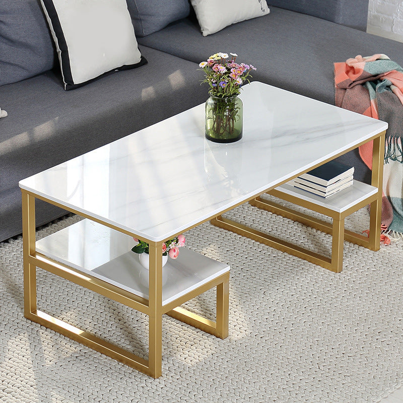 Glam Rectangle Marble Top Table with 2 Storag Shelves and Iron Base