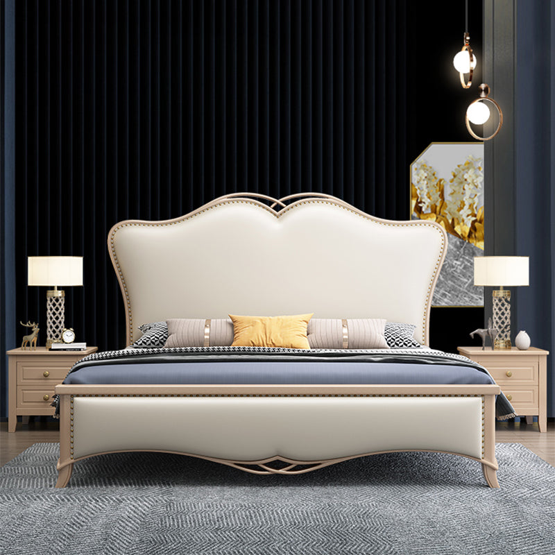 Contemporary 57" Tall Panel Bed with Upholstered Headboard, Solid Wood Bed Panel Bed & Mattress Spring&Latex Clearhalo 'Bedroom Furniture' 'Beds' 'furn' 'furn_beds' 'Furniture' 5899060