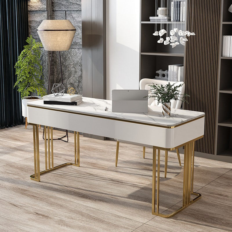 White and Gold Office Desk Glam Sled Writing Desk with Drawer 70.9"L x 23.6"W x 29.5"H Stone Clearhalo 'furn' 'furn_office_desk' 'Furniture' 'Office Desks' 'Office Furniture' 'office_desk' 5902859