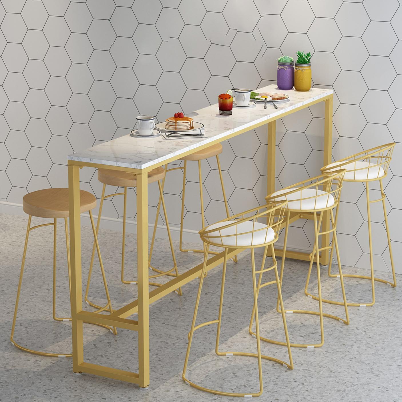 Moderner Marmorstangen -Tisch Set 1/2/7 Stücke Rechteck weiße Trestle -Tisch und Stuhlset