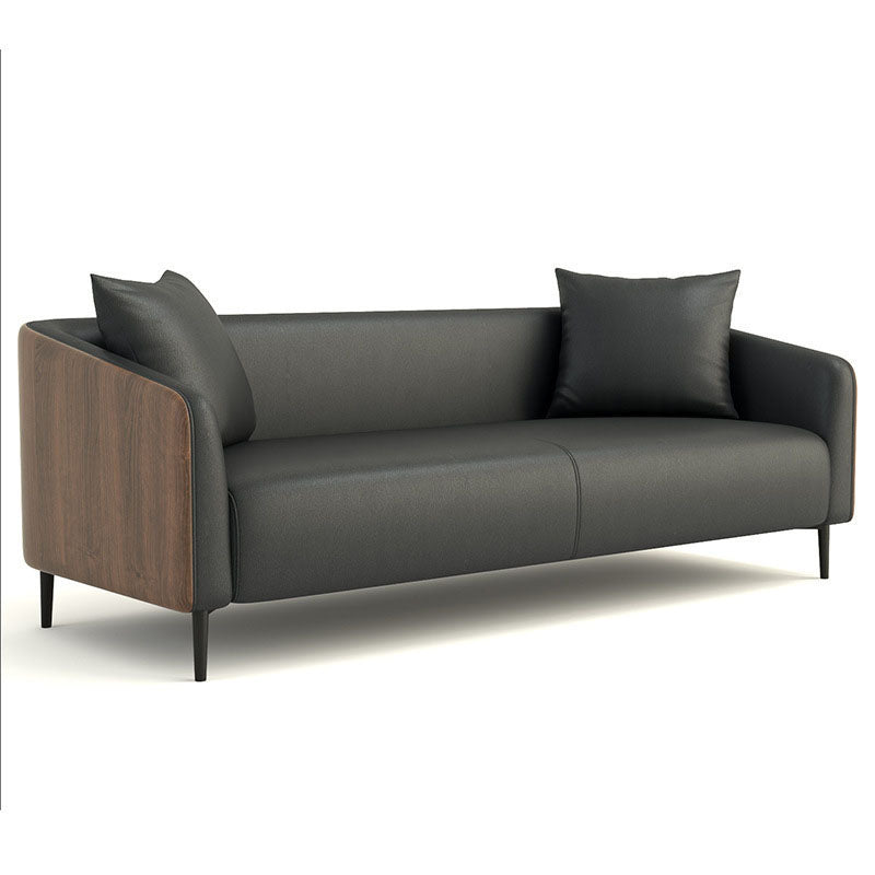 Modernismus Faux Ledersofa Smoking -Armsofa mit Holzkornakzent