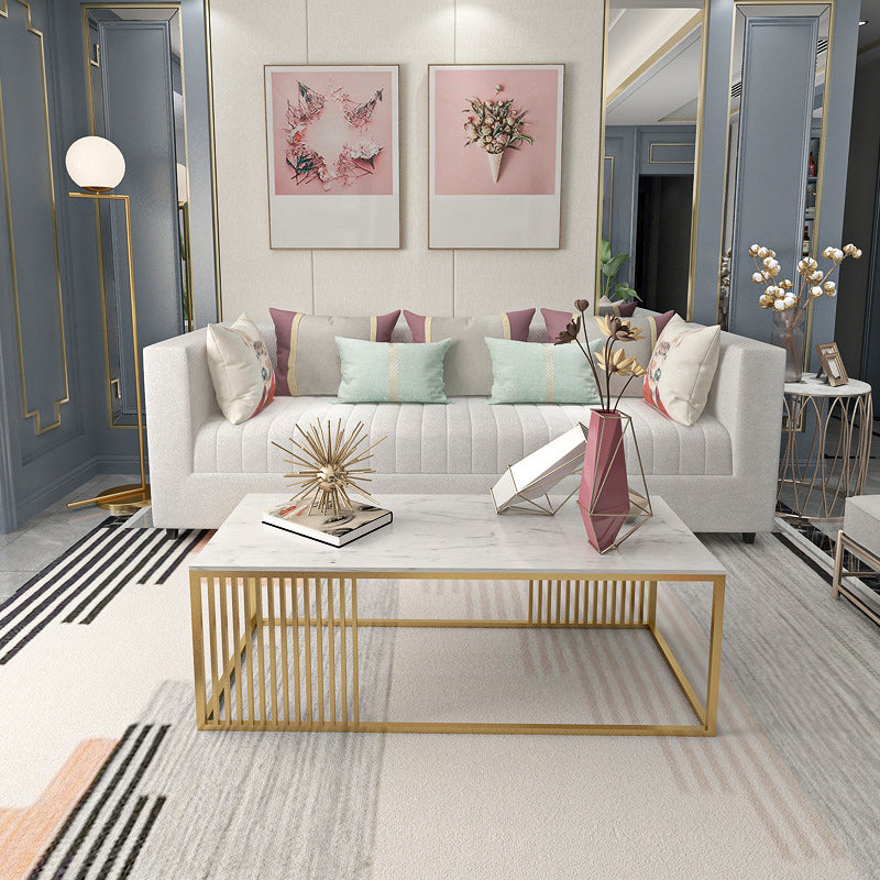 Tavolino rettangolo in stile glam con top in marmo e base di cornice di ferro