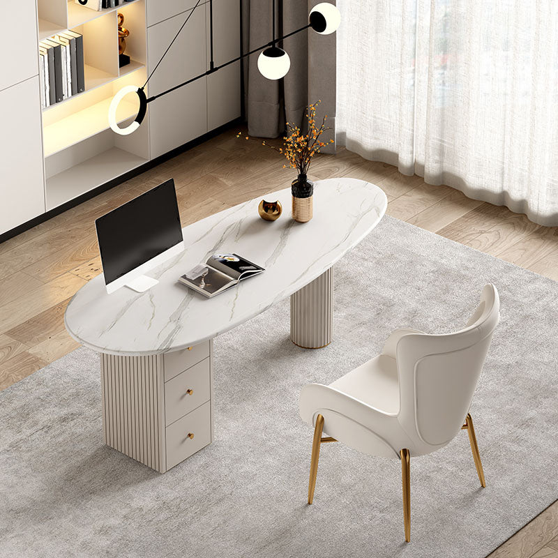 Irregular Shape Office Desk White Office Writing Desk with Metal Legs with 3-drawer 70.9"L x 23.6"W x 29.5"H Clearhalo 'furn' 'furn_office_desk' 'Furniture' 'Office Desks' 'Office Furniture' 'office_desk' 5916998