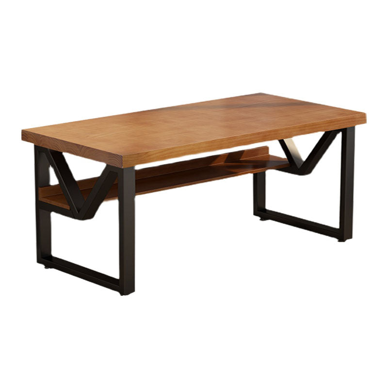 Wooden Rectangular Office Desk Brown Home Writing Desk with Shelf with Metal Legs