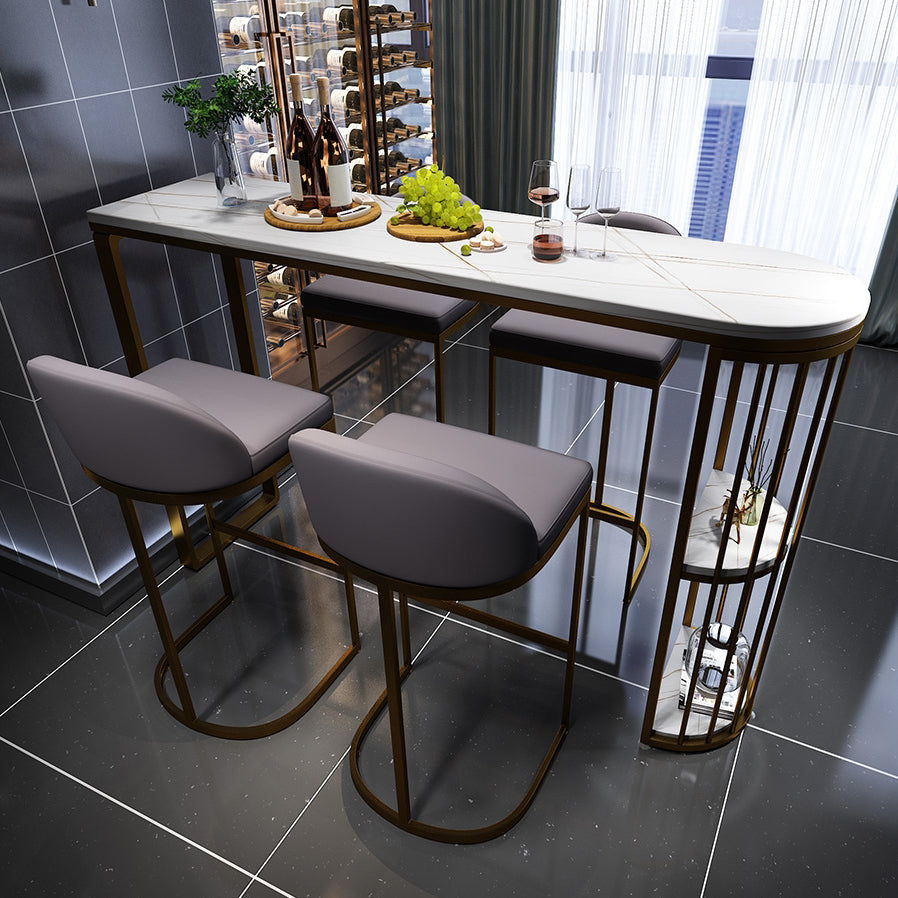 Glam Indoor Counter Height Set Stone and Metal 1/2/5 Pieces Storage Pub Dining Set 5 Pieces: Gold Table, 4 Gray Stools Clearhalo 'Bar Furniture' 'furn' 'furn_home_bar_bar_sets' 'Furniture' 'Home Bars & Bar Sets' 'home_bar_bar_sets' 'Kitchen & Dining Furniture' 5944898