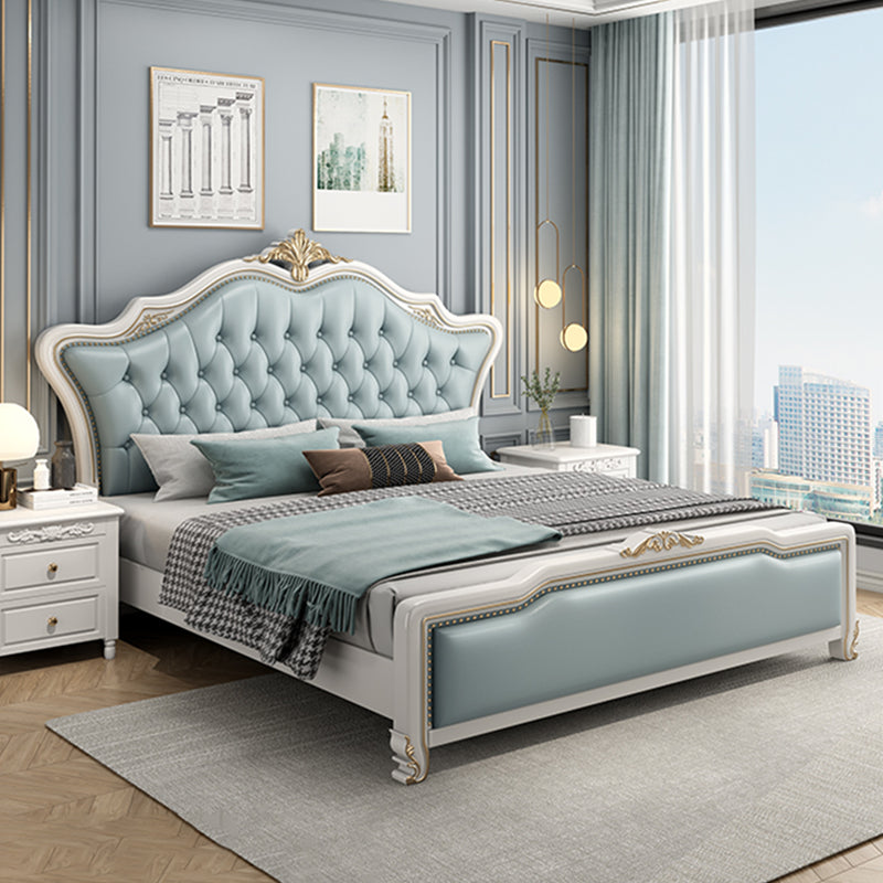 Glam Pine Wood Mattress Included with Headboard Camelback Panel Bed Frame Blue Bed & Mattress Clearhalo 'Bedroom Furniture' 'Beds' 'furn' 'furn_beds' 'Furniture' 5954144