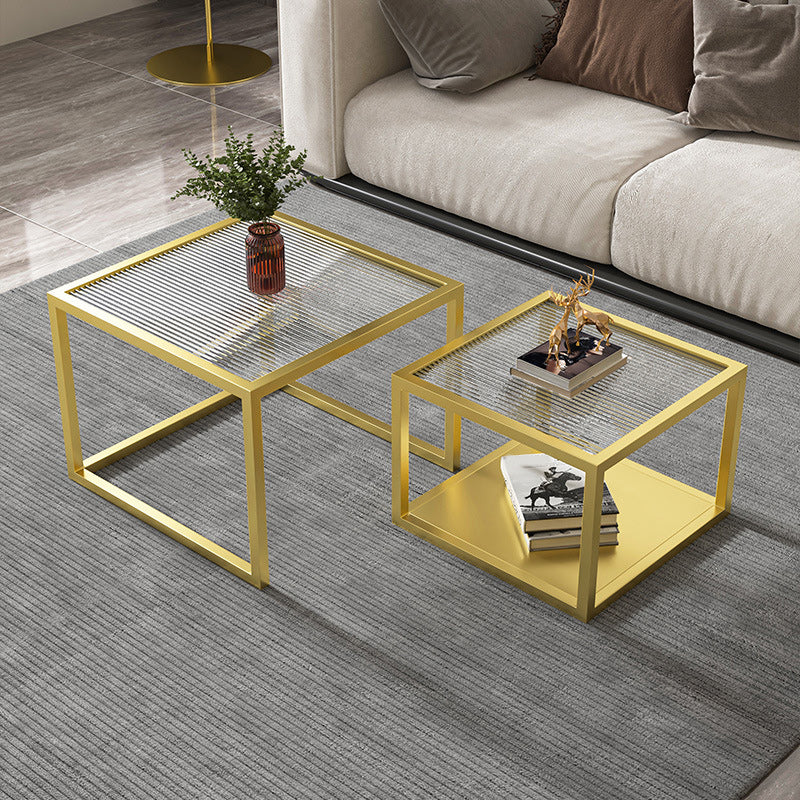 Hedendaagse vierkante nestelende salontafel Set met glazen top en ijzeren basis