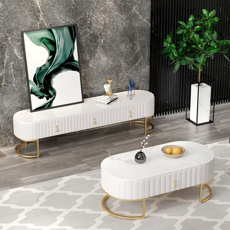 Tavolino ovale in stile glam con 1 cassetto e top in pietra e base di ferro