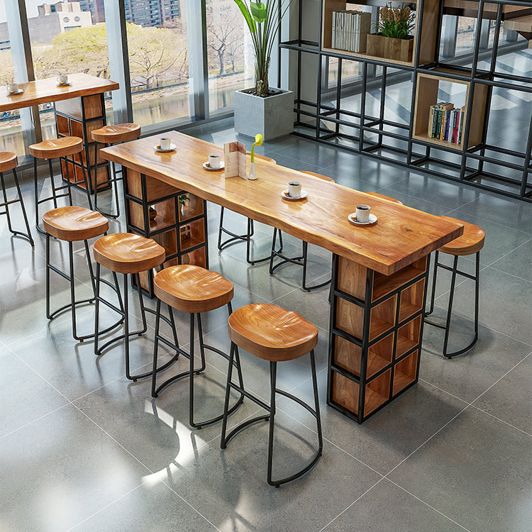 Industrial 1/2/9 Pieces Solid Wood Bar Table Set Fixed Counter Set for Home Use 9 Pieces: Table, 8 Black Stools Clearhalo 'Bar Furniture' 'furn' 'furn_home_bar_bar_sets' 'Furniture' 'Home Bars & Bar Sets' 'home_bar_bar_sets' 'Kitchen & Dining Furniture' 5957816