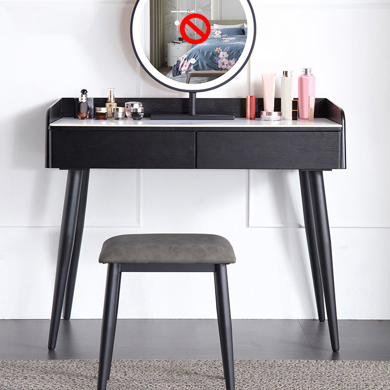 Contemporary Stone Makeup Dressing Table 33.5" H 2 Drawers Vanity Table in Black Makeup Vanity & Stools Clearhalo 'Bedroom Furniture' 'furn' 'furn_makeup_vanities' 'Furniture' 'Makeup Vanities' 'makeup_vanities' 5962601
