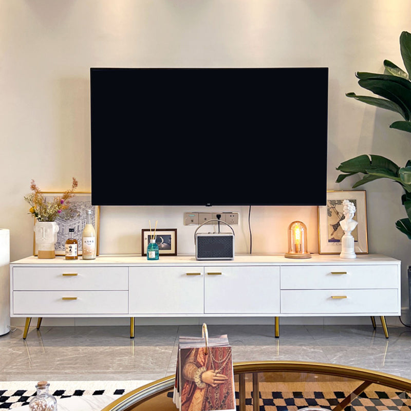 Glam Stone TV Media Console White TV Stand with 4 Drawers and 2 Doors 79"L x 16"W x 18"H Clearhalo 'furn' 'furn_tv_stands_entertainment_centers' 'Furniture' 'Living Room Furniture' 'TV Stands & Entertainment Centers' 'TV Stands & Media Storage Furniture' 'tv_stands_entertainment_centers' 5970015
