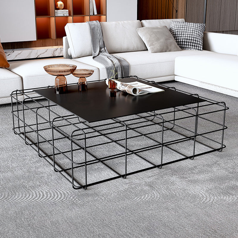 Black Mid-Century Modern Coffee Table with Iron Top and Frame Base