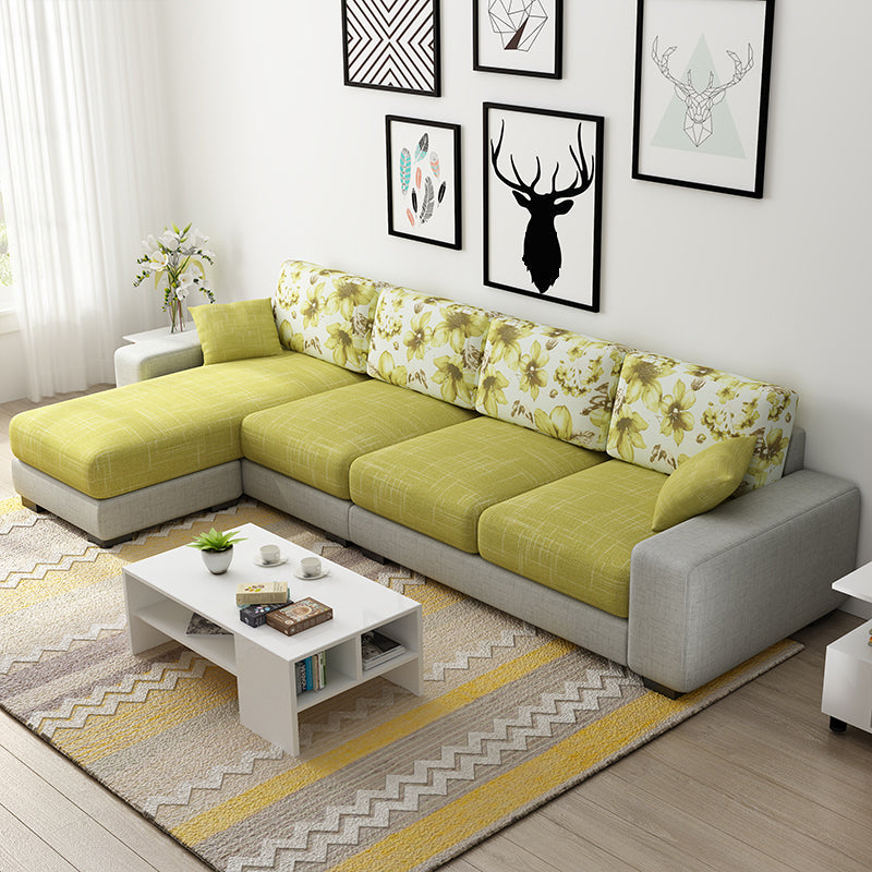 Nordic Assembled Linen Living Room Square Arm Pillows Sofa Chaise Lemon Yellow Clearhalo 'furn' 'furn_sectionals' 'Furniture' 'Living Room Furniture' 'Sectionals' 5974471