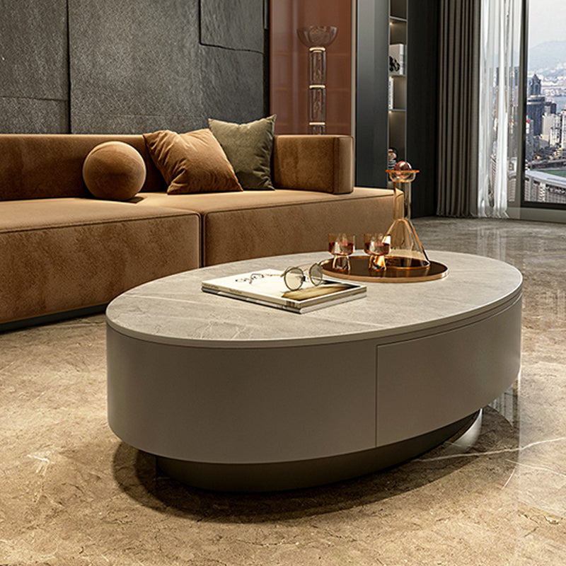 Glam Slate Coffee Table Oval Pedestal Coffee Table with Drawer