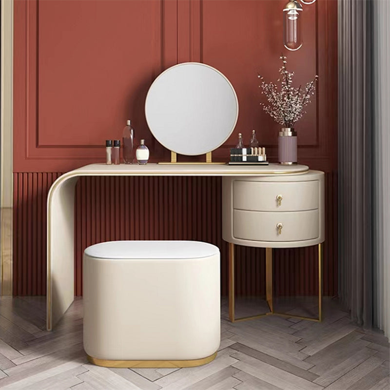 Vanidad de 2 cajones con taburetes y espejo Mesa de tocador de maquillaje de cuero genuino para mujeres