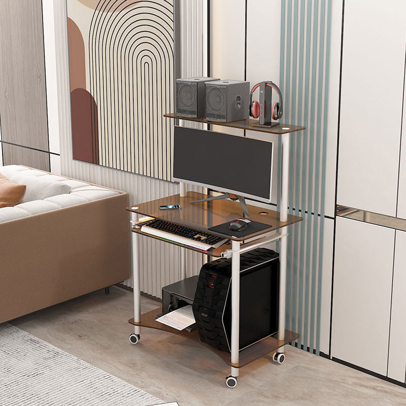 Contemporary Glass Computer Desk Keyboard Tray Rectangular Office Desk 31"L x 20"W x 30"H Tan Shelves Clearhalo 'furn' 'furn_office_desk' 'Furniture' 'Office Desks' 'Office Furniture' 'office_desk' 5983552