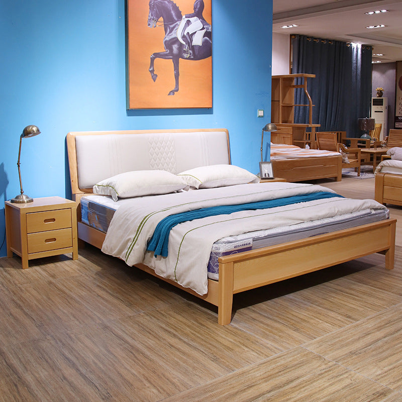 Mid-century Style Bed Frame Solid Wood Bed with Upholstered Headboard