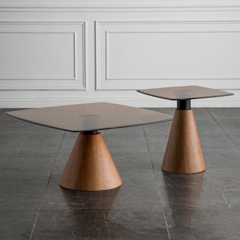 Square Glass Top Coffee Table in Brown Modern Pedestal Cocktail Table 29.5"L x 29.5"W x 14.9"H + 17.7"L x 17.7"W x 17.7"H Clearhalo 'Coffee & Accent Tables' 'Coffee Tables' 'coffee_tables' 'furn' 'furn_coffee_tables' 'Furniture' 'Living Room Furniture' 5995191