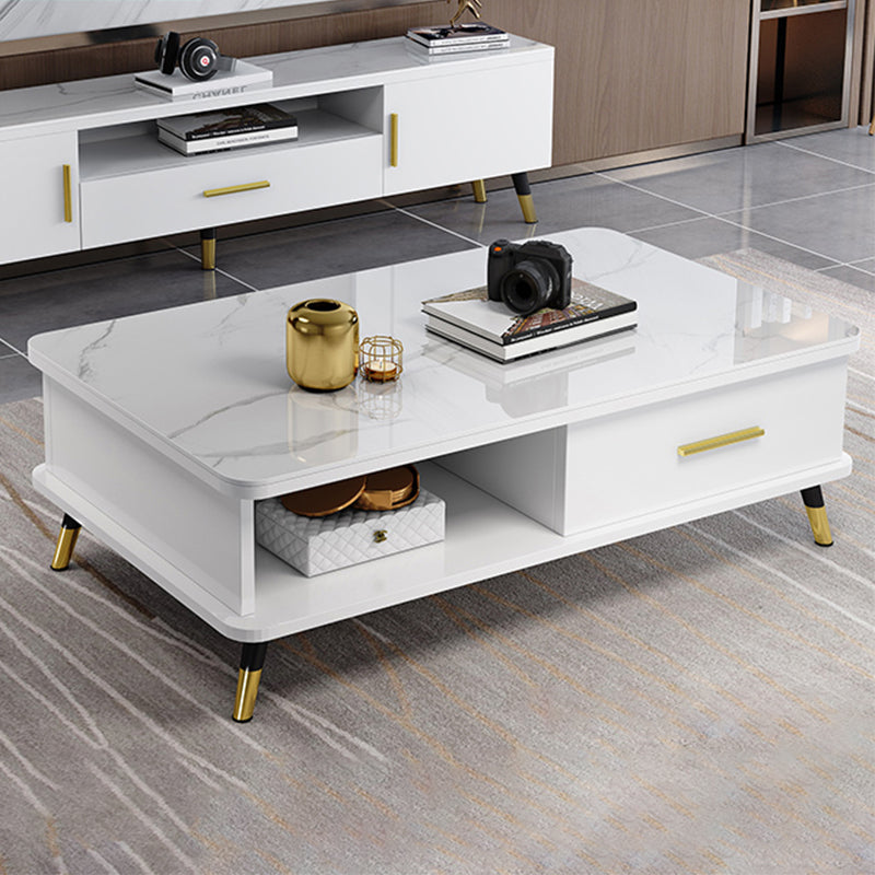 Modernism Rectangular Glass Top Coffee Table 1-Shelf 2-Drawer Cocktail Table White Clearhalo 'Coffee & Accent Tables' 'Coffee Tables' 'coffee_tables' 'furn' 'furn_coffee_tables' 'Furniture' 'Living Room Furniture' 5995199