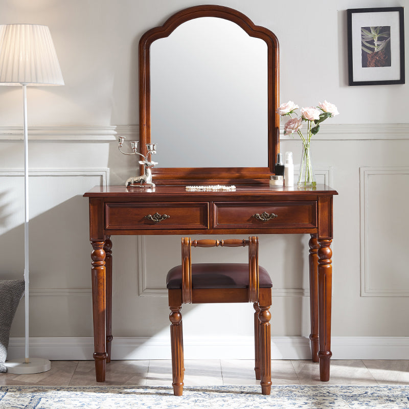 Set di vanità in legno massiccio marrone con set di sgabelli da 17,71 "con 2-cassetti