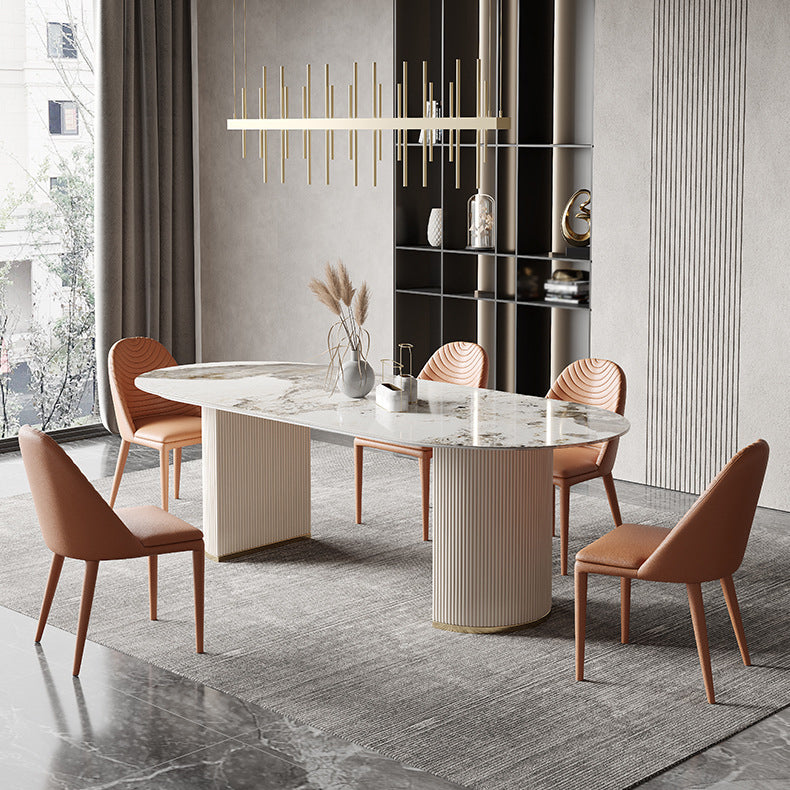 Oval Dining Table Traditional Luxury Stone Dining Table with Double Pedestal Pandora Gold 78.7"L x 31.5"W x 29.5"H Without Chairs Clearhalo 'Dining Tables & Seating' 'Dining Tables' 'dining_table' 'furn' 'furn_dining_table' 'Furniture' 'Kitchen & Dining Furniture' 5998074