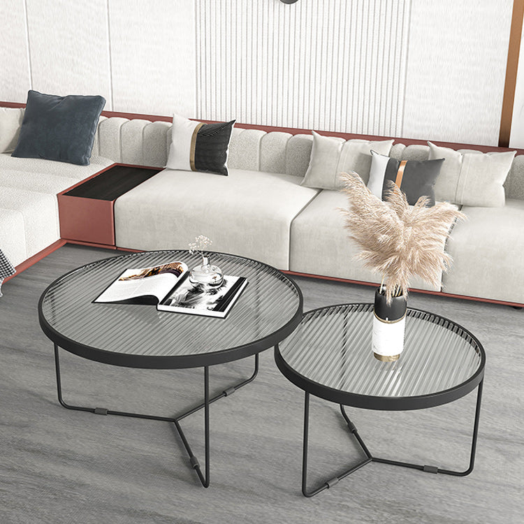 Round Clear Glass Cocktail Table Set Contemporary Cross Legs Coffee Table in Black