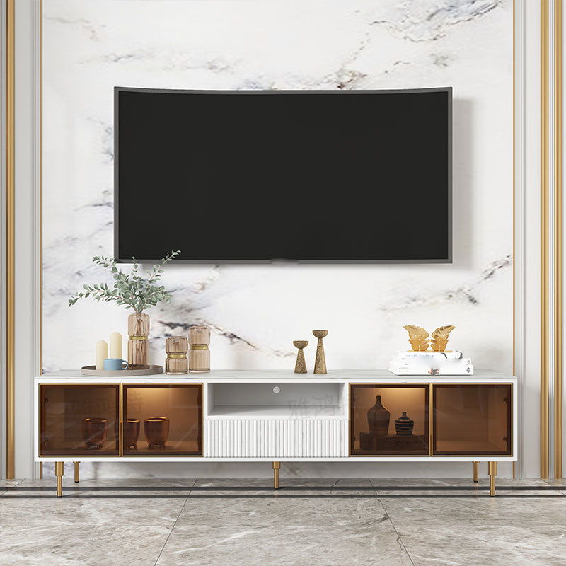 Stone and Wooden TV Media Stand with Doors Contemporary TV Stand 79"L x 16"W x 20"H Clearhalo 'furn' 'furn_tv_stands_entertainment_centers' 'Furniture' 'Living Room Furniture' 'TV Stands & Entertainment Centers' 'TV Stands & Media Storage Furniture' 'tv_stands_entertainment_centers' 6015591