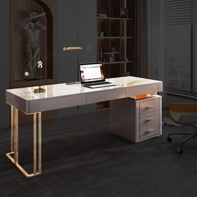 Grey Office Desk Mirrored Rectangular Drawers Storage Desk with Metal Leg 70.9"L x 27.6"W x 29.5"H Gray-Khaki Clearhalo 'furn' 'furn_office_desk' 'Furniture' 'Office Desks' 'Office Furniture' 'office_desk' 6018997