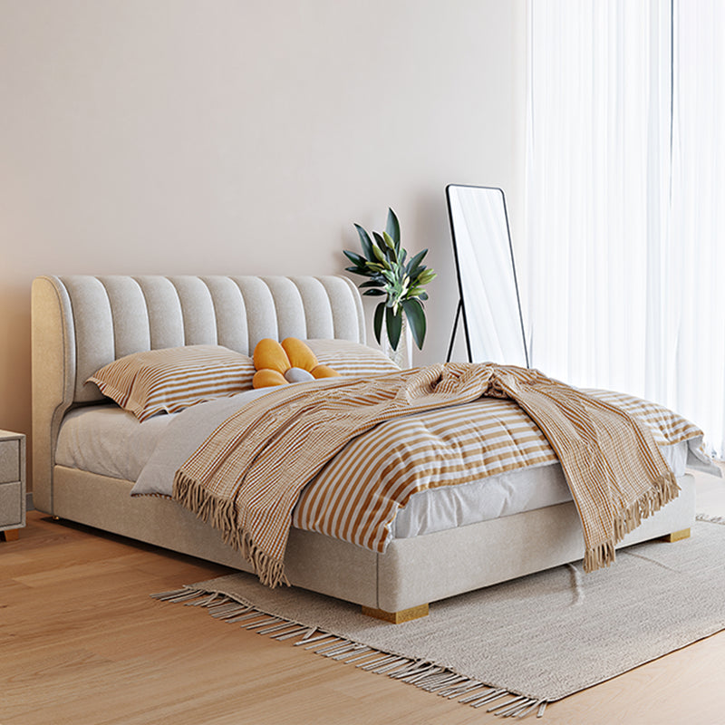 Beige Upholstered Headboard Bed Rectangular Panel Solid Wood Bed