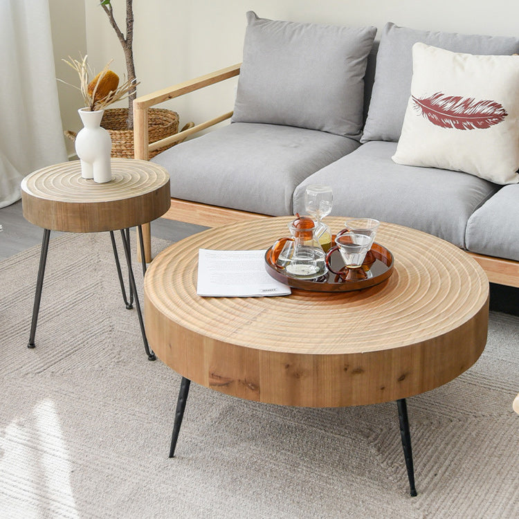 Round Sold Wooden Coffee Table with Black Base and Brone Top 31.5"L x 31.5"W x 14"H + 16"L x 16"W x 18"H Clearhalo 'Coffee & Accent Tables' 'Coffee Tables' 'coffee_tables' 'furn' 'furn_coffee_tables' 'Furniture' 'Living Room Furniture' 6025638