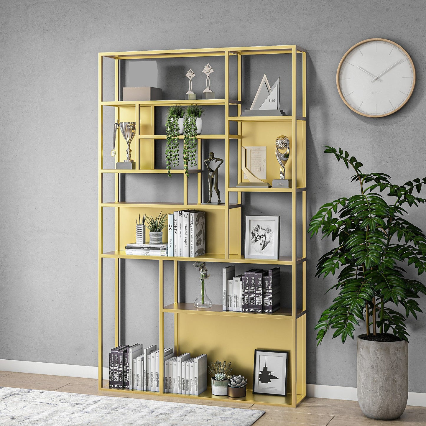 Gold and Black Floor Book Shelf Open Shelf Bookcase with Shelves Gold Clearhalo 'Bookcases' 'furn' 'furn_bookcases' 'Furniture' 'Office Furniture' 6028678
