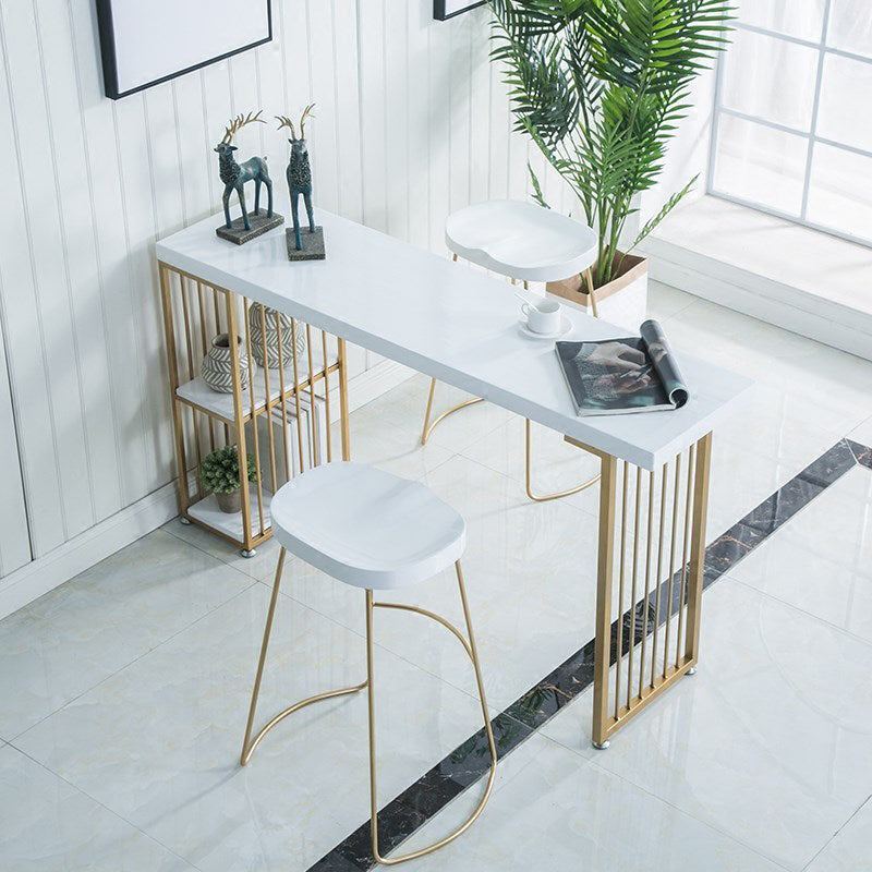 Solid Wood Bistro Table Metal Base Rectangle Bar Height Pub Table with Shelves