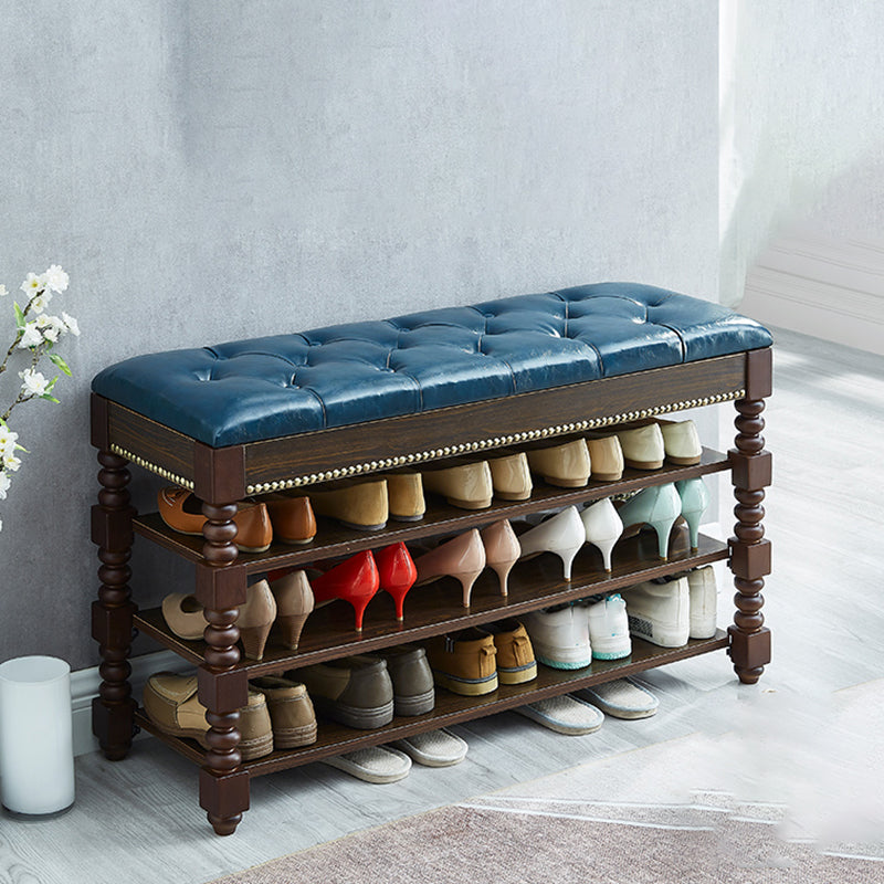 Rectangle 13.8" Wide Seating Bench Cushioned Upholstered Entryway Bench in Rubberwood 39.4"L x 13.8"W x 22.8"H Blue Walnut Clearhalo 'Benches' 'Chairs & Seating' 'furn' 'furn_benches' 'Furniture' 'Living Room Furniture' 6047616