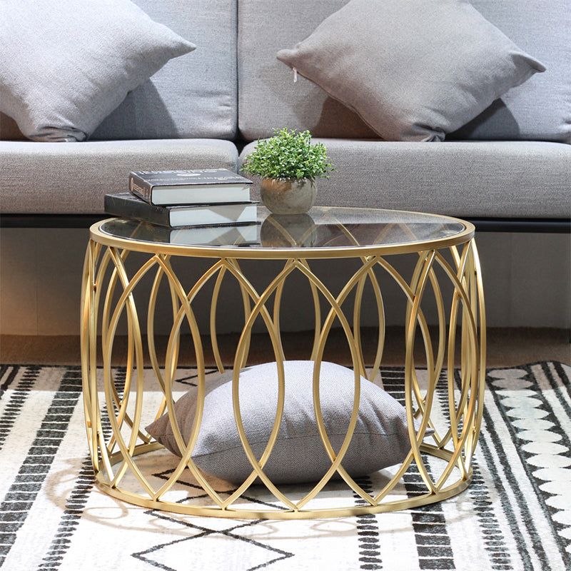 Glass Top Coffee Table Round Shape Frame Base Cocktail Table