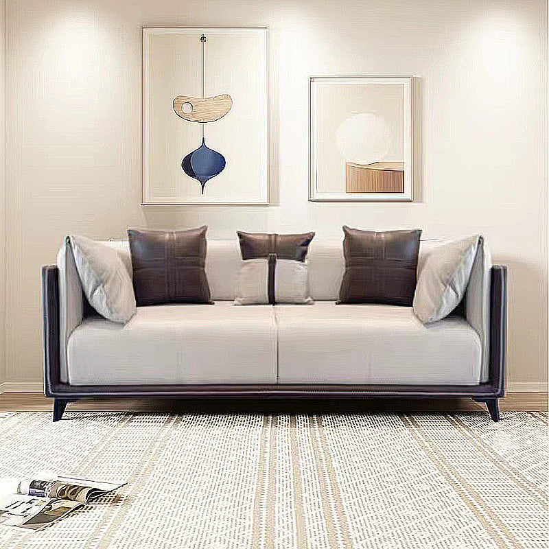 29.5" H Contemporary Faux Leather Pillow Top Arm Sofa for Living Room 86.6"L x 37.4"W x 29.5"H Brown-Grey Clearhalo 'furn' 'furn_sofas' 'Furniture' 'Living Room Furniture' 'Sofa' 'sofas' 6055947