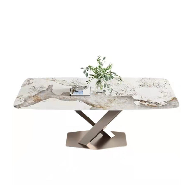Mesa de comedor de piedra sinterizada muebles de oro modernos con base de acero pedestal