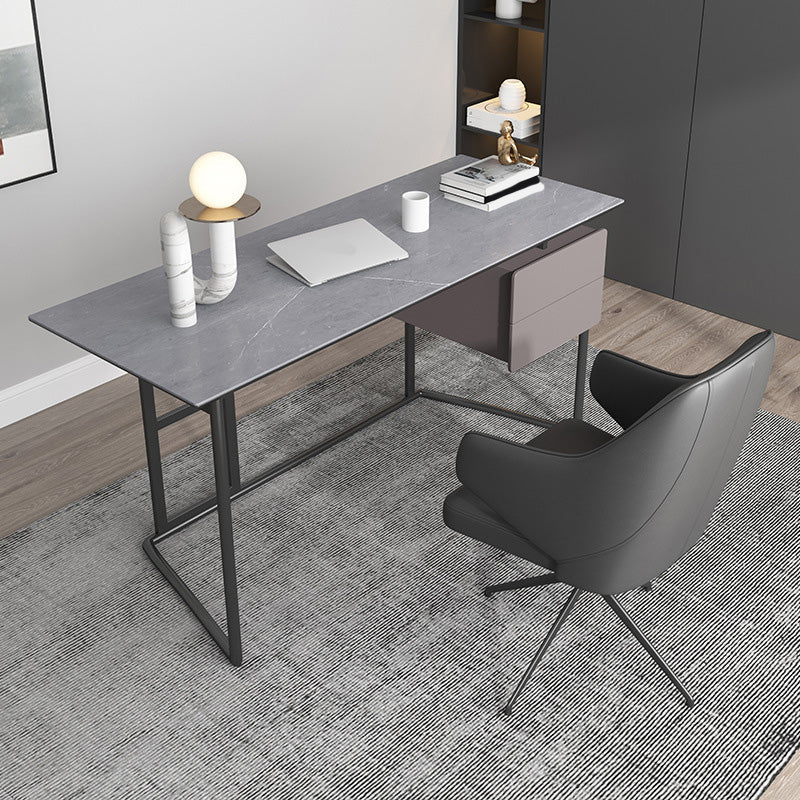 Escritorio de escritura gris rectangular escritorio de metal y piedra con 2 cajones